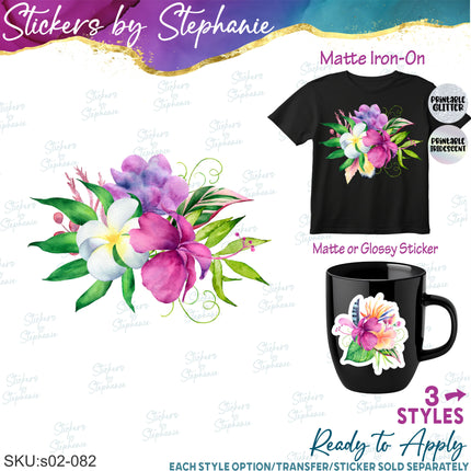 (s02-082) Tropical Flowers Graphic Iron-On Transfer or Sticker