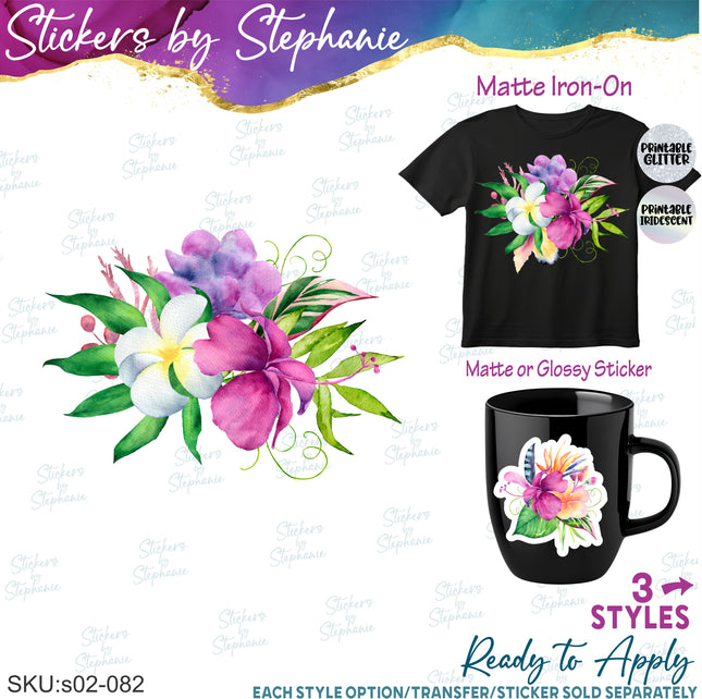 (s02-082) Tropical Flowers Graphic Iron-On Transfer or Sticker