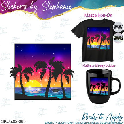 (s02-083) Sunset Beach Illustrated Graphic Iron-On Transfer or Sticker