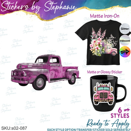 (s02-087) Pink Flowers Floral Retro Vintage Truck Graphic Iron-On Transfer or Sticker