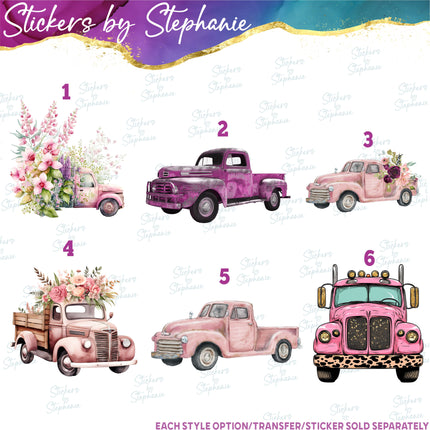 (s02-087) Pink Flowers Floral Retro Vintage Truck Graphic Iron-On Transfer or Sticker