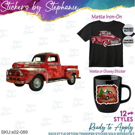 (s02-089) Red Retro Vintage Truck Graphic Iron-On Transfer or Sticker