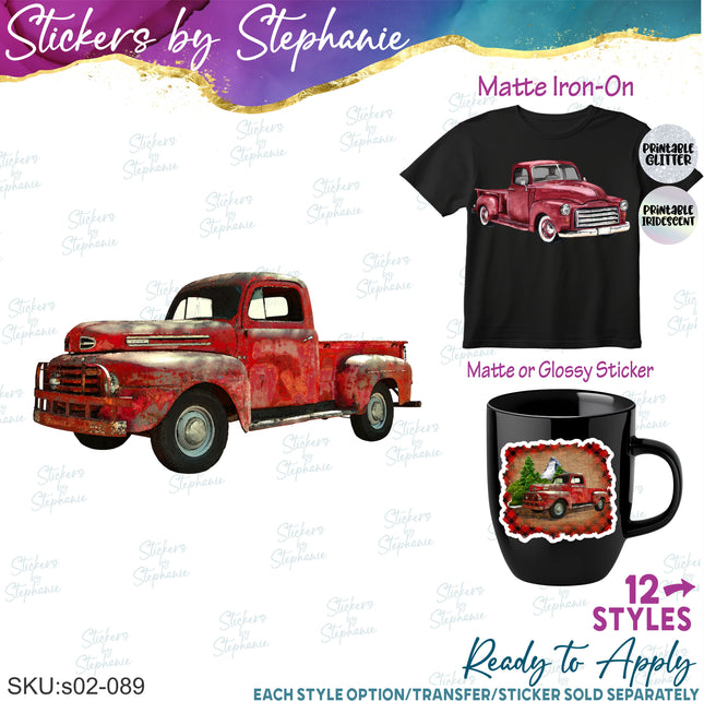 (s02-089) Red Retro Vintage Truck Graphic Iron-On Transfer or Sticker