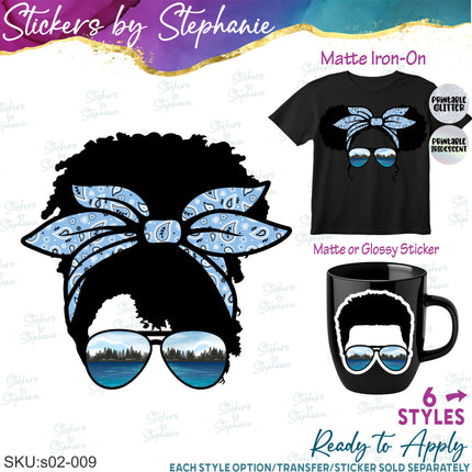 (s02-009) Messy Bun African American Family Lake Sunglasses Graphic Iron-On Transfer or Sticker