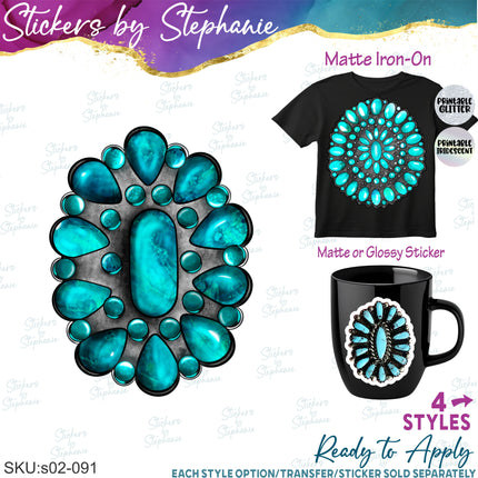 (s02-091) Turquoise Gemstone Cabochon Graphic Iron-On Transfer or Sticker