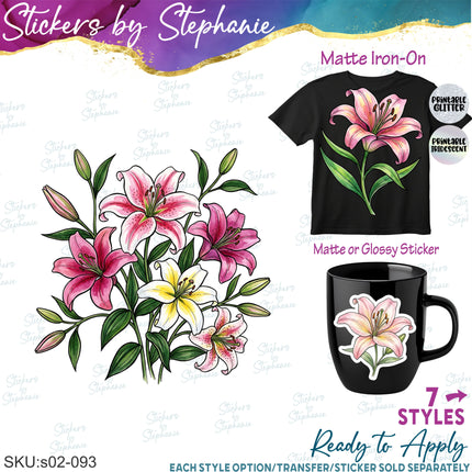 (s02-093) Stargazer Lily Lillies Flowers Graphic Iron-On Transfer or Sticker