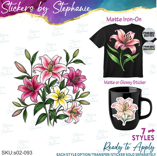 (s02-093) Stargazer Lily Lillies Flowers Graphic Iron-On Transfer or Sticker