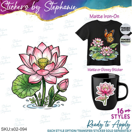 (s02-094) Water Lily Pad Lotus Flowers Graphic Iron-On Transfer or Sticker