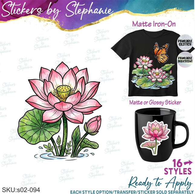 (s02-094) Water Lily Pad Lotus Flowers Graphic Iron-On Transfer or Sticker