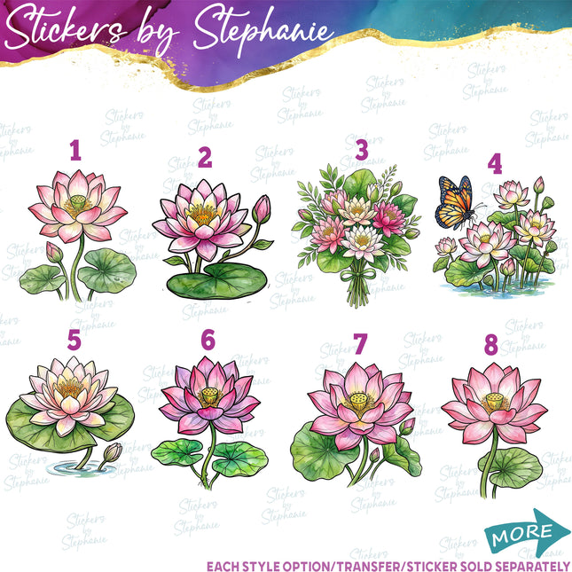 (s02-094) Water Lily Pad Lotus Flowers Graphic Iron-On Transfer or Sticker