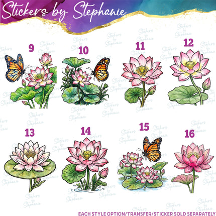 (s02-094) Water Lily Pad Lotus Flowers Graphic Iron-On Transfer or Sticker