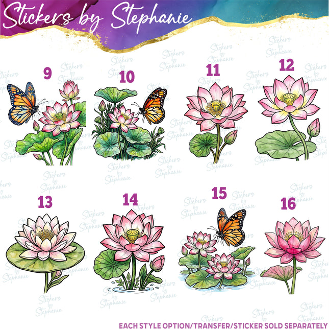(s02-094) Water Lily Pad Lotus Flowers Graphic Iron-On Transfer or Sticker