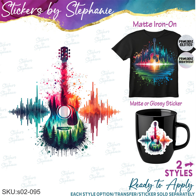 (s02-095) Colorful Guitar Music Soundwave Graphic Iron-On Transfer or Sticker
