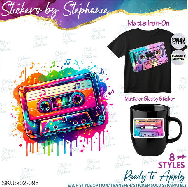 (s02-096) Colorful Music Cassette Tape Graphic Iron-On Transfer or Sticker