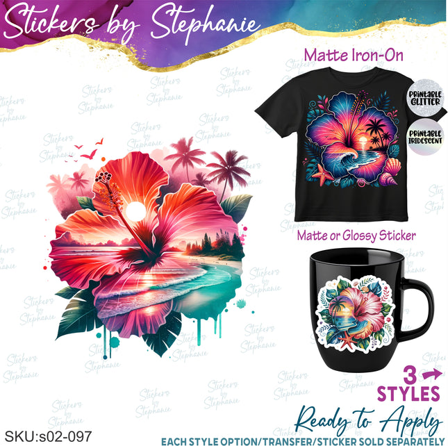 (s02-097) Hibiscus Flower Beach Sunset Graphic Iron-On Transfer or Sticker