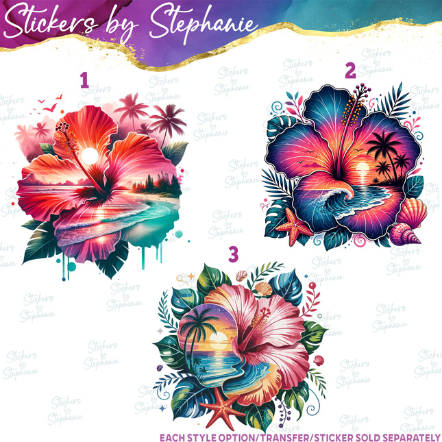 (s02-097) Hibiscus Flower Beach Sunset Graphic Iron-On Transfer or Sticker