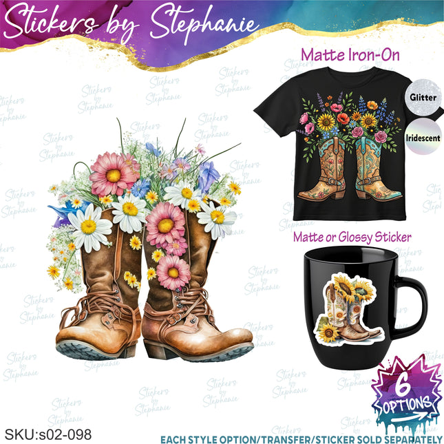 (s02-098) Flower Floral Cowboy Boots Graphic Iron-On Transfer or Sticker