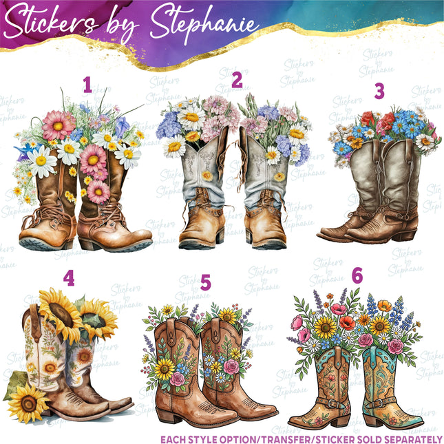(s02-098) Flower Floral Cowboy Boots Graphic Iron-On Transfer or Sticker