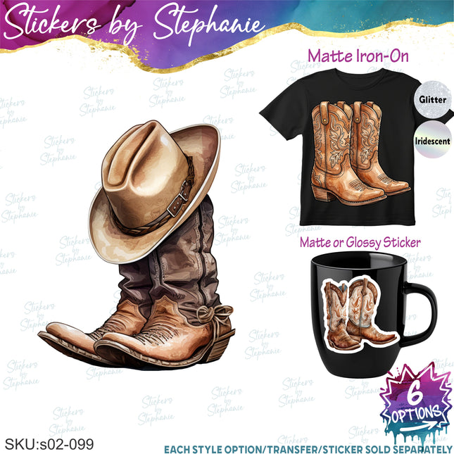 (s02-099) Cowboy Boots Hat Watercolor Graphic Iron-On Transfer or Sticker