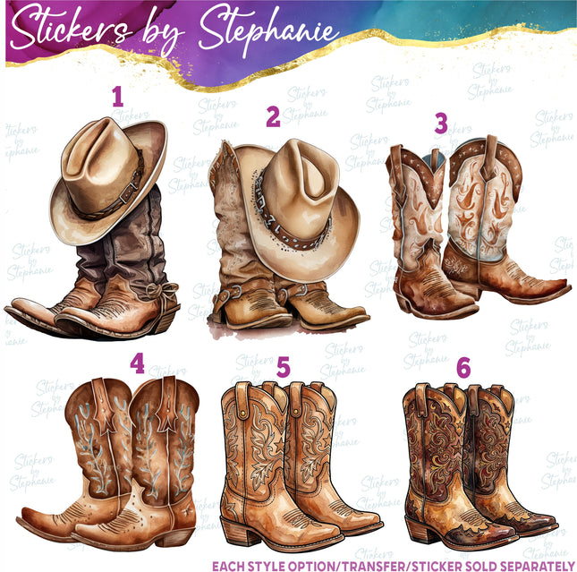 (s02-099) Cowboy Boots Hat Watercolor Graphic Iron-On Transfer or Sticker