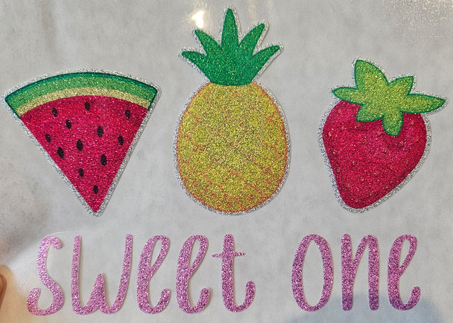 Sweet One Pineapple Watermelon Strawberry Glitter Iron-On Transfer