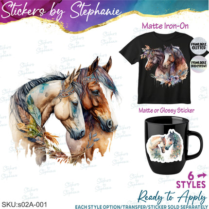 (s02A-001) Watercolor Boho Horse Couple Iron-On Transfer or Sticker