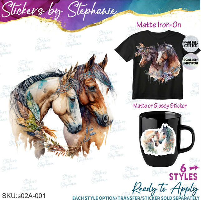 (s02A-001) Watercolor Boho Horse Couple Iron-On Transfer or Sticker