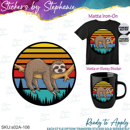 (s02A-106) Sloth Retro Sunset Iron-On Transfer or Sticker
