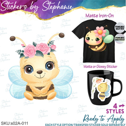 (s02A-011) Bee Bumblebee Flowers Iron-On Transfer or Sticker
