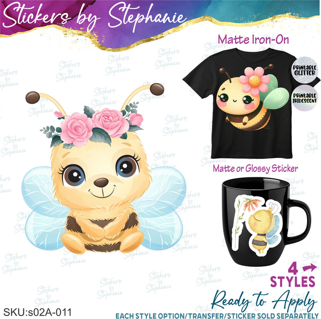 (s02A-011) Bee Bumblebee Flowers Iron-On Transfer or Sticker