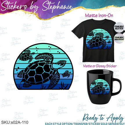 (s02A-110) Turtle Retro Sunset Iron-On Transfer or Sticker