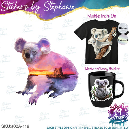 (s02A-119) Koala Watercolor Graphic Iron-On Transfer or Sticker