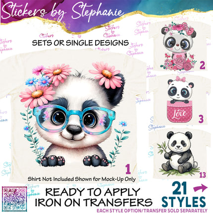 (s02A-121) Cartoon Illustrated Panda Flowers Iron-On Transfer or Sticker