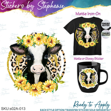 (s02A-013) Baby Cow Sunflowers Iron-On Transfer or Sticker