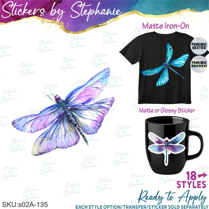 (s02A-135) Watercolor Dragonfly Dragonflies Iron-On Transfer or Sticker