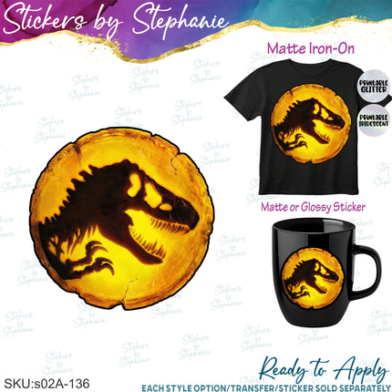 (s02A-136) Dinosaur Amber Iron-On Transfer or Sticker