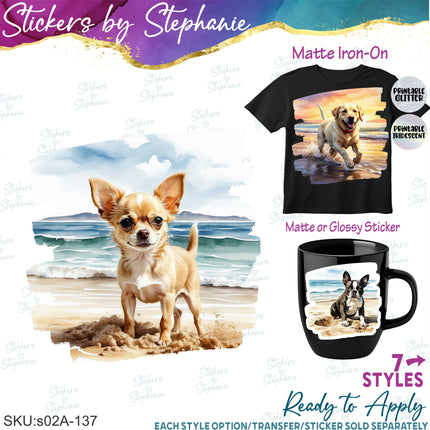 (s02A-137) Chihuahua, Lab, Boston Terrier Beach Iron-On Transfer or Sticker