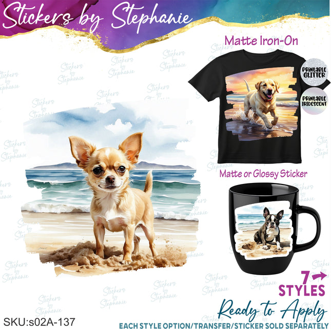 (s02A-137) Chihuahua, Lab, Boston Terrier Beach Iron-On Transfer or Sticker