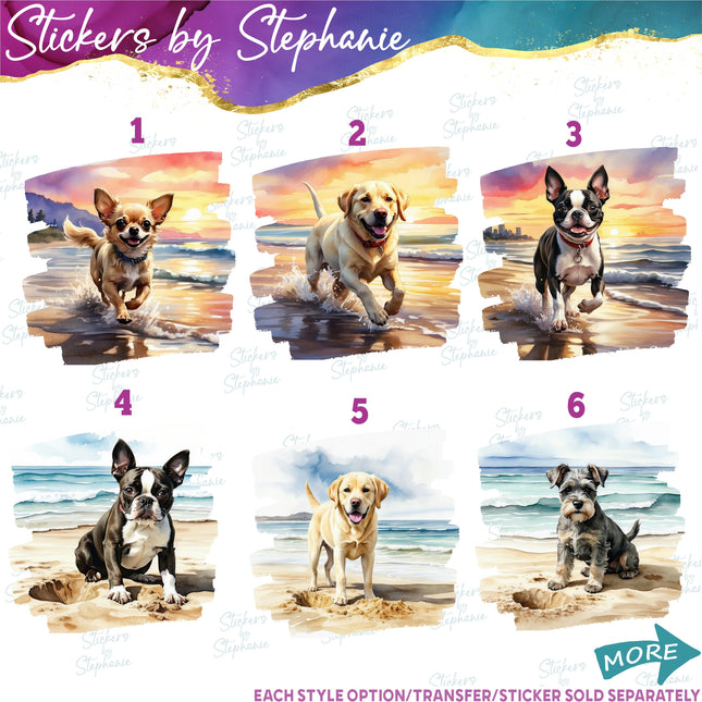 (s02A-137) Chihuahua, Lab, Boston Terrier Beach Iron-On Transfer or Sticker