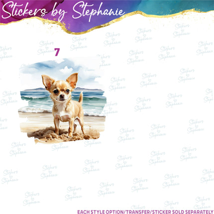(s02A-137) Chihuahua, Lab, Boston Terrier Beach Iron-On Transfer or Sticker