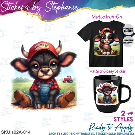 (s02A-014) Farm Boy Girl Baby Cow Iron-On Transfer or Sticker
