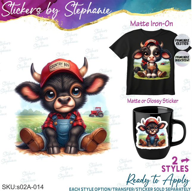 (s02A-014) Farm Boy Girl Baby Cow Iron-On Transfer or Sticker