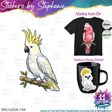 (s02A-144) Cockatoo Illustrated Graphic Iron-On Transfer or Sticker