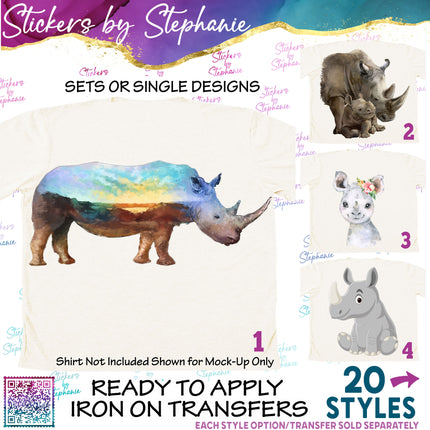 (s02A-148) Rhino Rhinoceros Illustrated Graphic Iron-On Transfer or Sticker