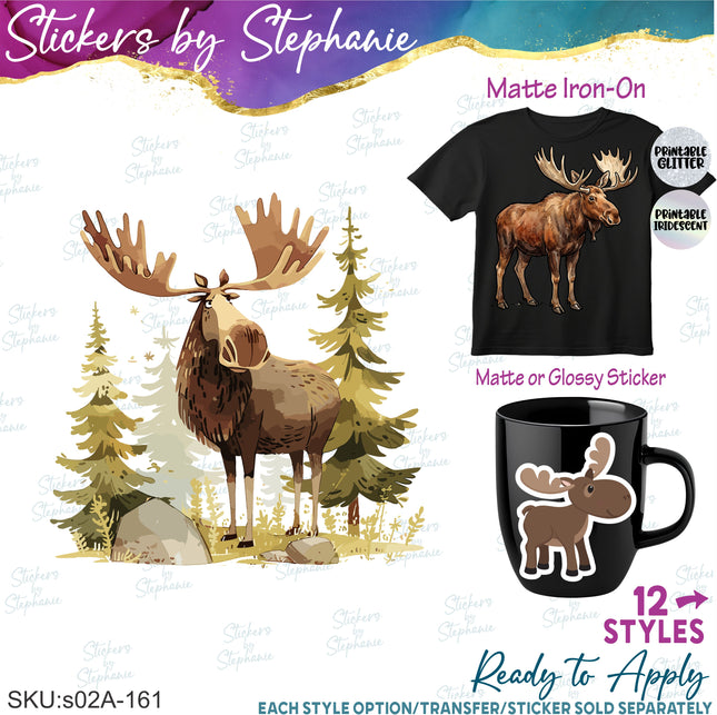 (s02A-161) Cartoon illustrated Moose Iron-On Transfer or Sticker