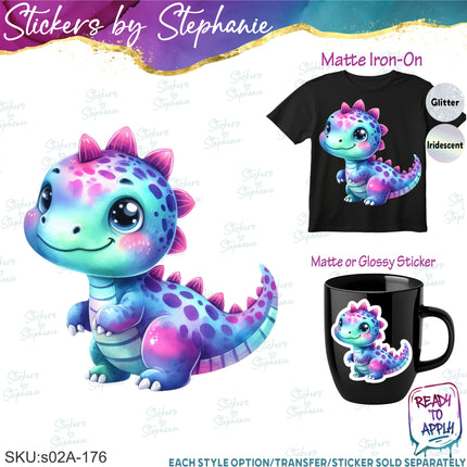 (s02A-176) Colorful Baby Dinosaur T-Rex Iron-On Transfer or Sticker