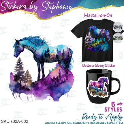 (s02A-002) Watercolor Double Exposure Horse Iron-On Transfer or Sticker