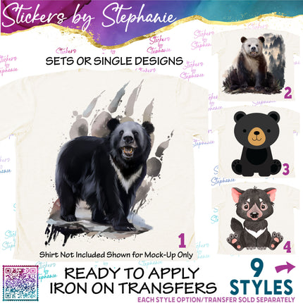 (s02A-214) Black Moon Bear Graphic Iron-On Transfer or Sticker