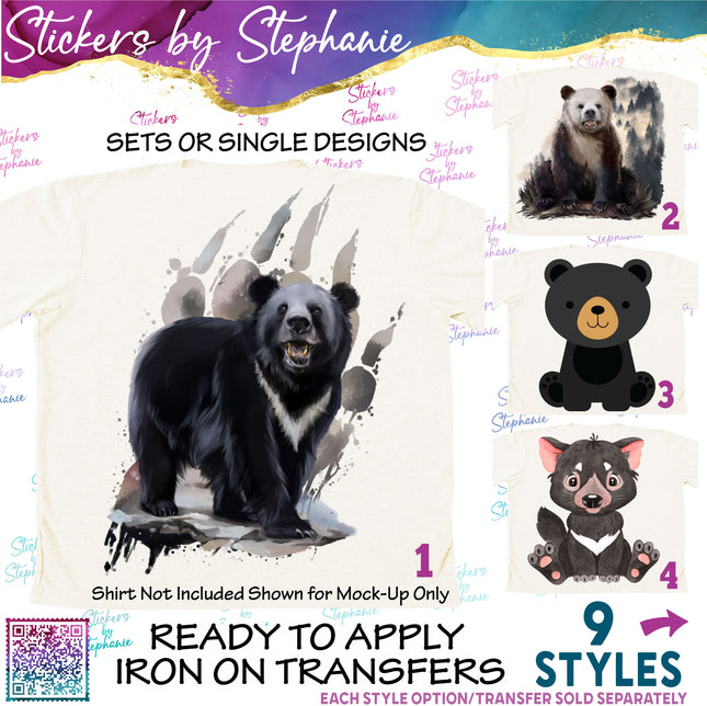 (s02A-214) Black Moon Bear Graphic Iron-On Transfer or Sticker
