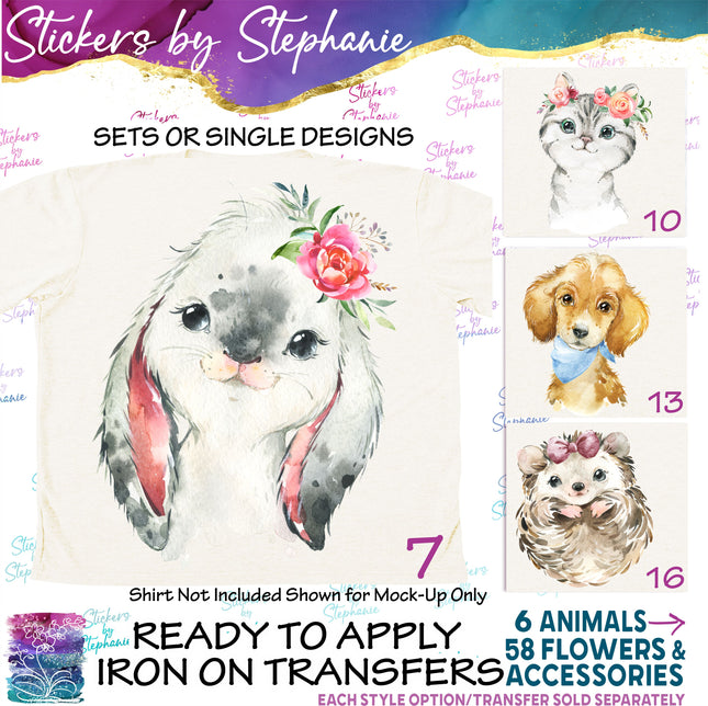 (s02A-230) Baby Pets Bunny Cat Dog Watercolor Graphic Iron-On Transfer or Sticker